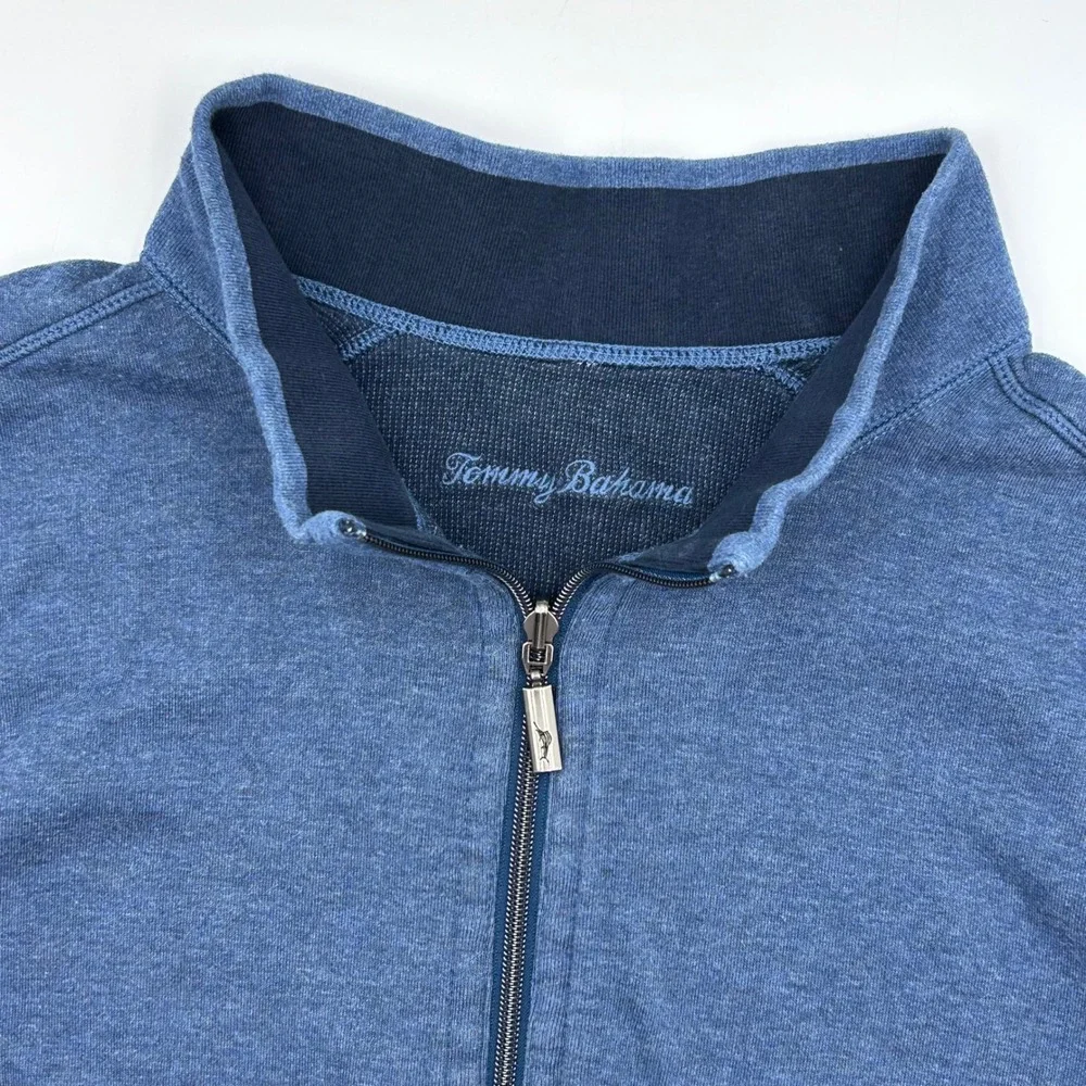 Tommy Bahama Mens Blue Heathered Full Zip Mock Neck Vest Marlin Logo XL EUC Cott